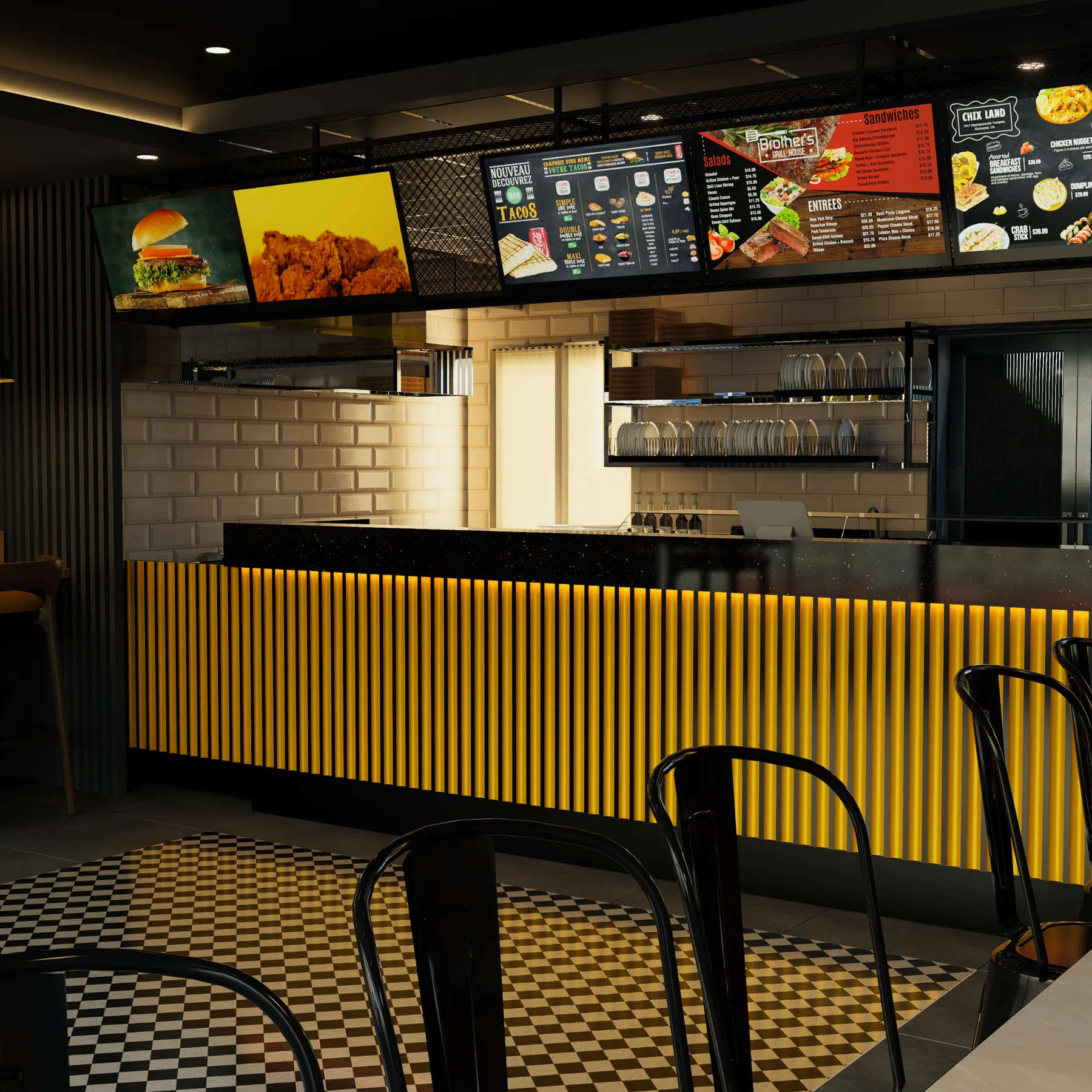 Completed Muncheez restaurant interior with illuminated counter